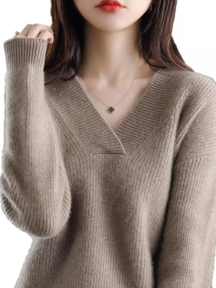 V-Neck Autumn Winter Sweater Pullovers Women's Loose Thick Cashmere Sweater Pullover Women Oversize Sweater Jumper