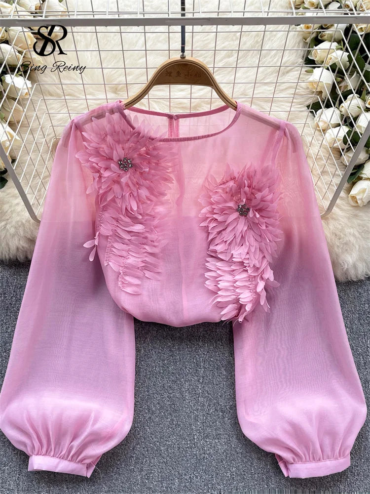 Spring Loose Satin Blouse O Neck Long Sleeves Sheer Bohemian Top