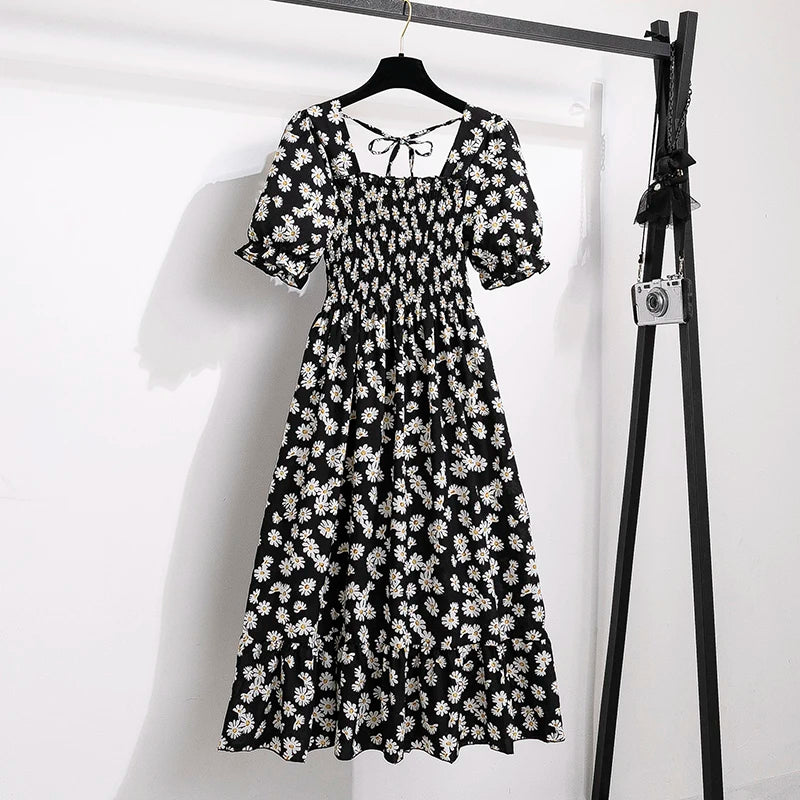 Chiffon Dresses Fashion Female Elastic Waist Short Sleeve Pleated Casual Dress Women A-line Dresses