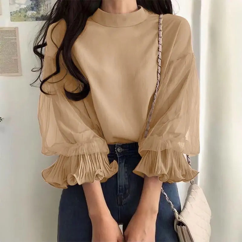 Elegant Party Blouse Chic Mesh Ruffle 3/4 Sleeve Tops Designer Stand Collar Shirts