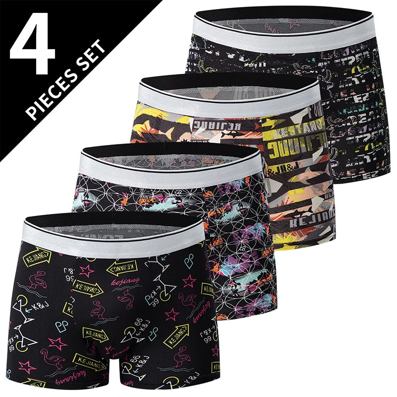 4-piece MEN'S FASHION Printed Underwear Breathable Crotch Boxers for Teenagers Comfortable plus Size Underwear up to 6XL.