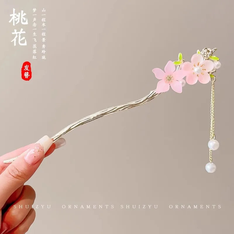 Elegant Chinese Style Hair Accessory Romantic Enameled Flower Tassel Hair Pin Alloy Jewelry Hairpin For Women Fashion Hairpin