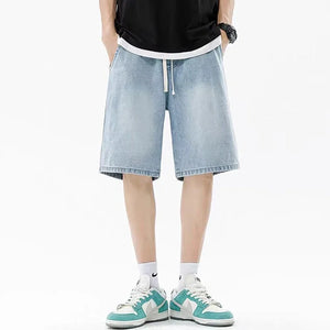 Casual Denim Shorts Comfortable Elastic Waist Straight Leg New Soft Short Pants Light Blue Loose Baggy Wide Leg Jeans