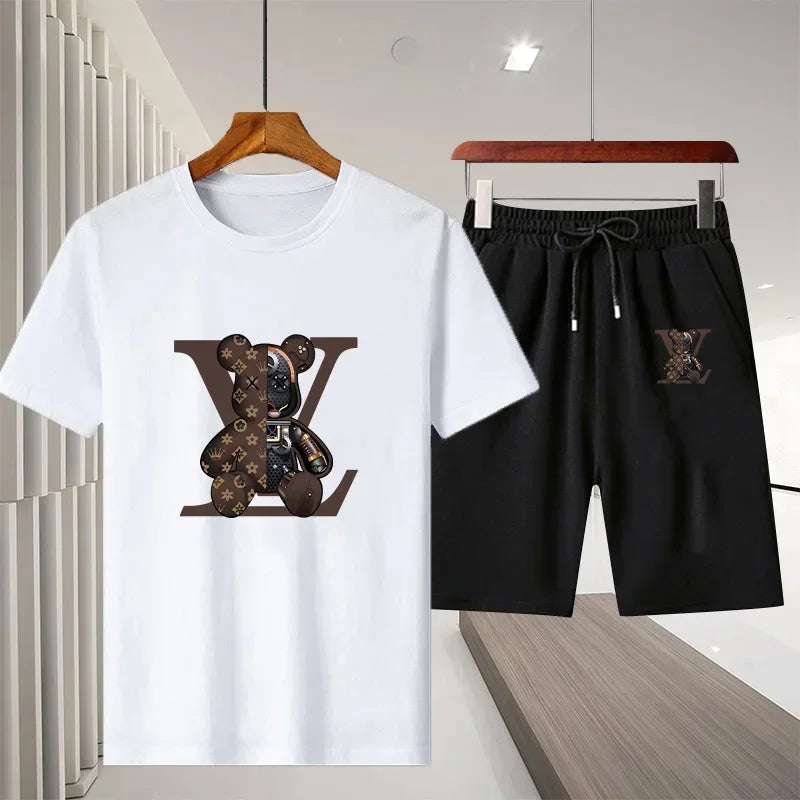 Men's short-sleeved T-shirt sportswear set, summer casual outdoor fashion men's round-neck top + Shorts 2-piece set
