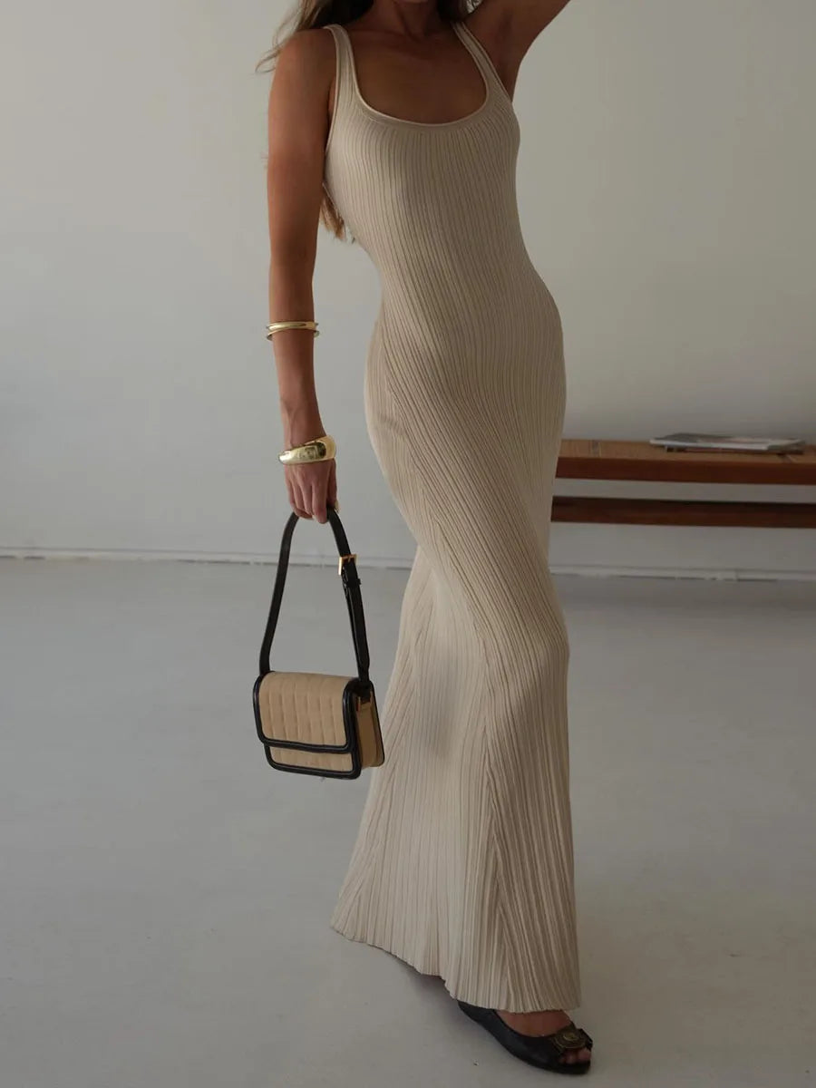 Knit Tank Dress Casual Summer Sleeveless U-Neck Long Dress for Cocktail Beach Club Streetwear