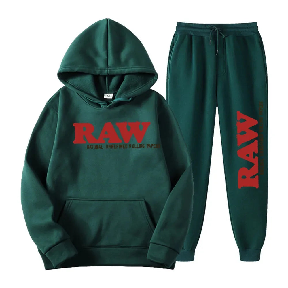 Men's Set RAW  Running Hoodie Sweatpants Men's Set 2PK Autumn Winter Casual Woolen Sportswear