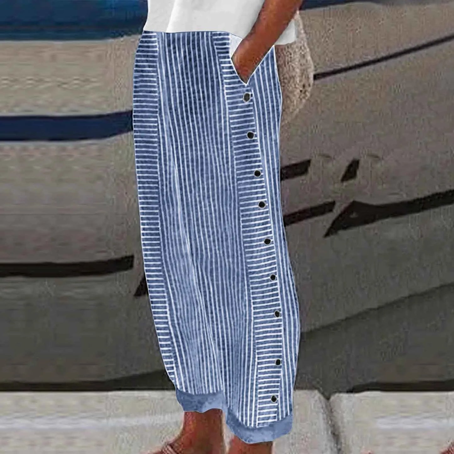 Long Linen Pants Women's Summer Fashion Striped Print Button Casual Versatile Loose High Waist  Dress Pants