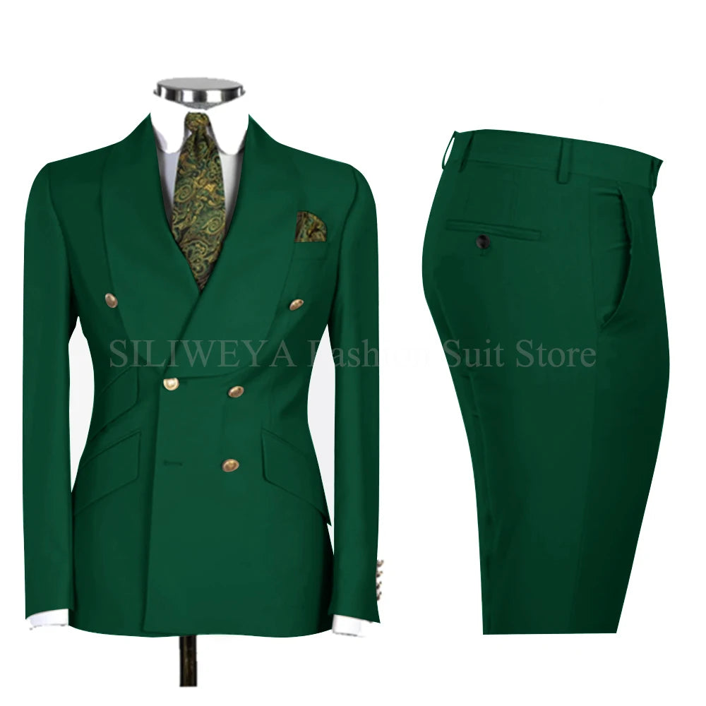 Gold Men Business Casual Men's Suits Jacket Pants Set Male Blazer Coat Pants 2PCS Slim Fit Suits