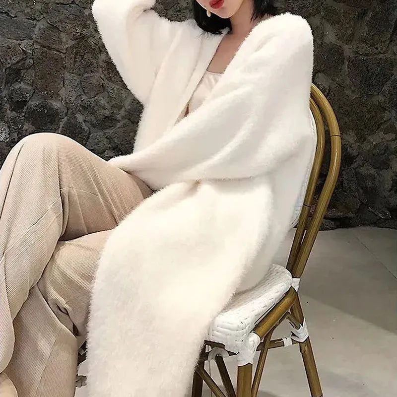 white Long Cardigan for women winter clothes Knitted fluffy long sleeve Cashmere sweater coat warm vintage