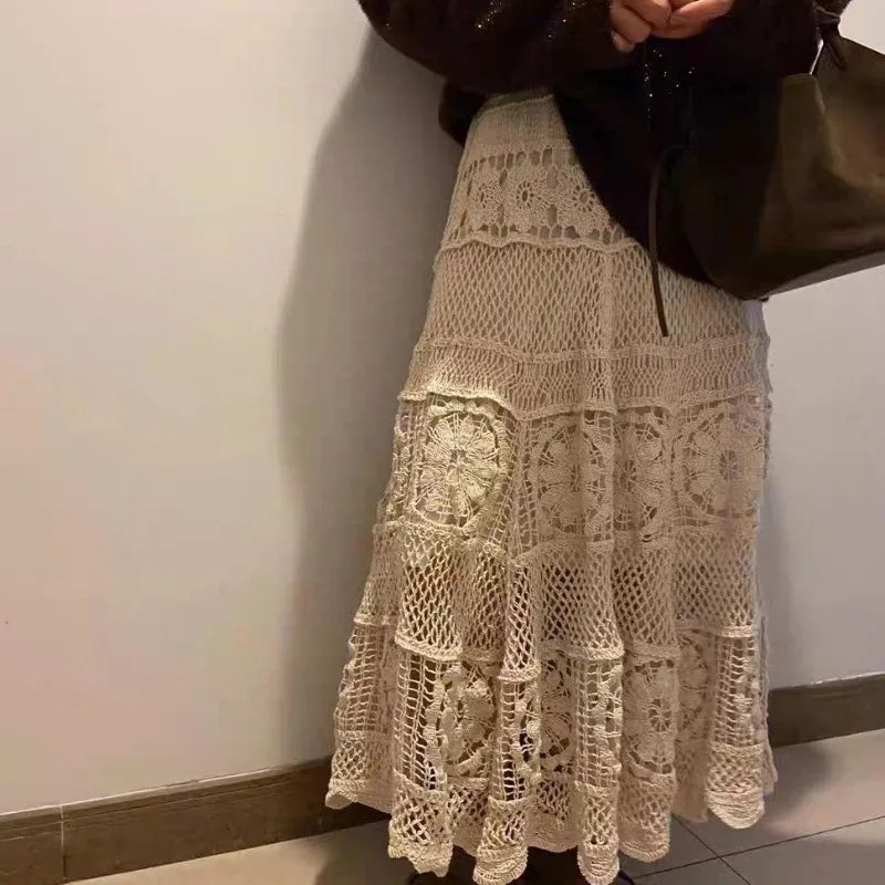Vintage French Hollow Out Hook Flower Design Knit Skirt Vintage A-line Skirt