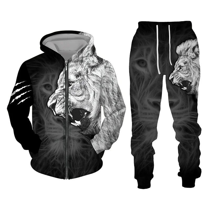 Men's Tracksuit 3D The Lion Print Zipper Hoodies Sweatshirts Pants Sets Casual Men's Clothing Women's Tracksuit