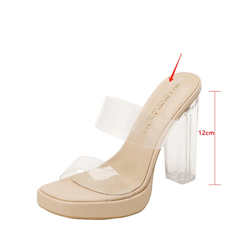 Summer Sexy Shoes Sheepskin Transparent High Heels Sandals for Outdoor Crystal Thick Heels