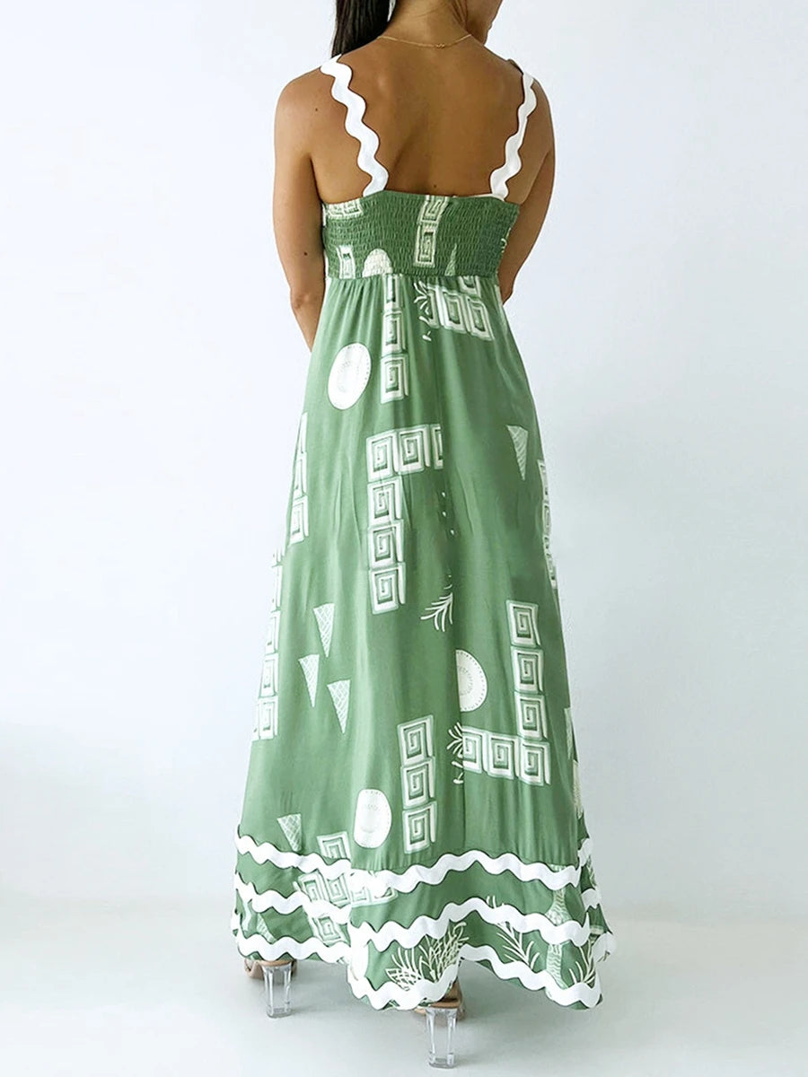 Floral Print Spaghetti Strap Maxi Dress with Side Slits and Adjustable Waist Tie