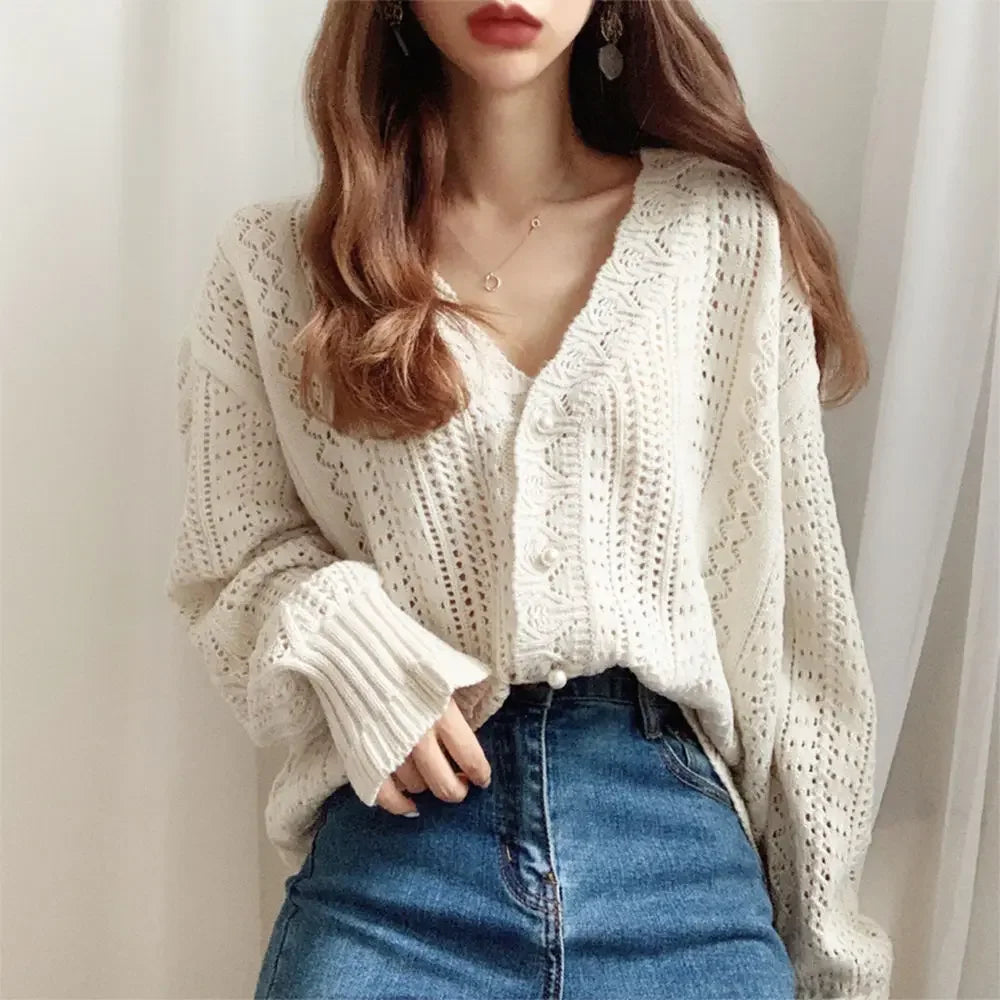Women Spring Summer Sweater and Cardigans Low V-Neck Knit Tops Long Sleeve Hollow Out Sexy Cardigan Loose