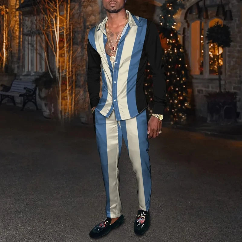 Retro Men's Shirt Suits 3D Luxury Print Fashion Men Casual Breathable Men's Lapel Long Sleeve Shirt Long Pants2 Pcs Set