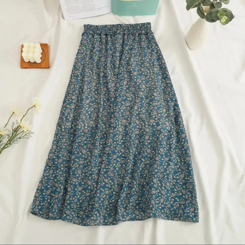 Chiffon Midi Skirt Floral Loose High Waist  Casual  A Line