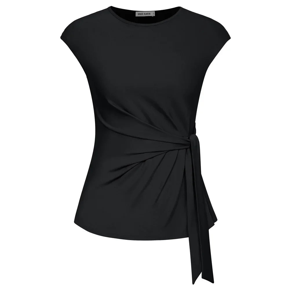 Front Bow Knot  Cap Sleeve Crew Neck Pullover