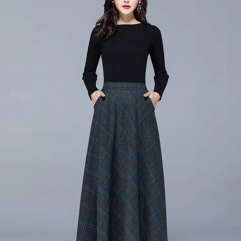 High Waist Woolen  Plaid Patchwork Pockets  A-line Large Swing Skirt