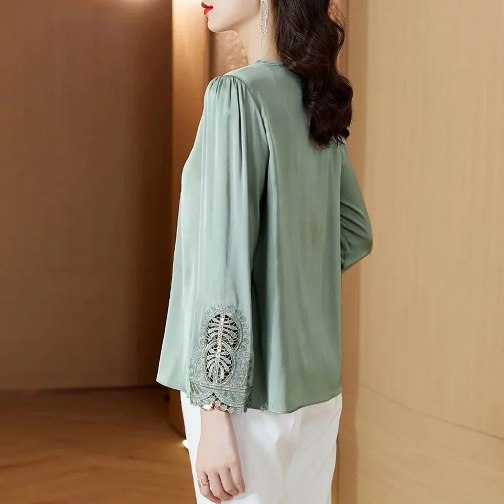 Silk Blouse Long Sleeve Embroidery Shirts