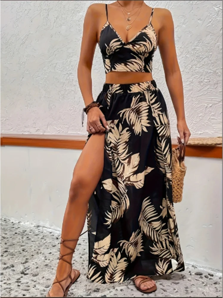 Women's Sleeveless Low Cut V-Neck Floral Printed Skirt High Slit Sexy Two Piece Trendy Skirt Set Light Elegant Summer Set