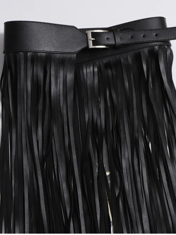 Leather Skirt Women Belt Black Full Tassels