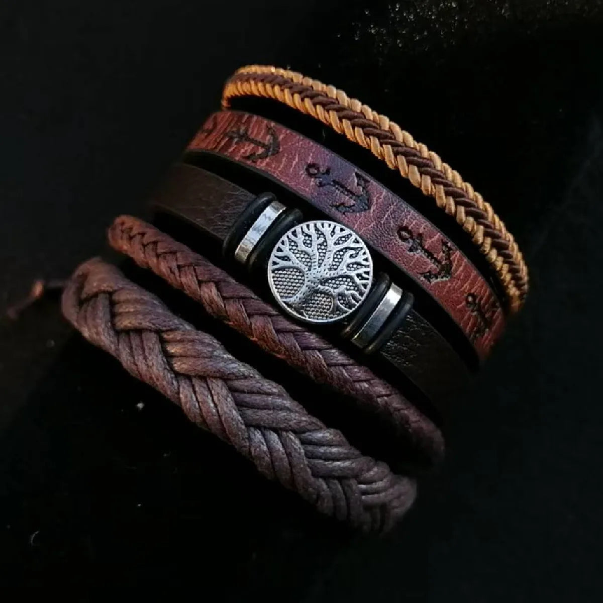 Casual Bead 6 Pc/set Tree Black Khaki Handmade Men Bracelets Male Women Leather Bracelets Men Bangle