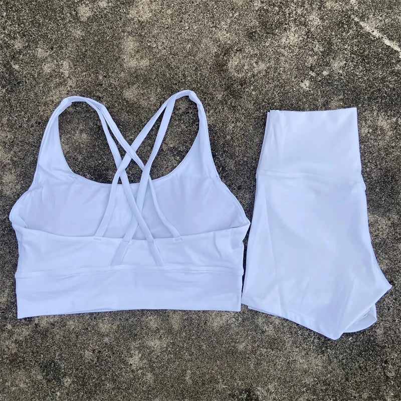Yoga Clothes 2 Piece Gym Sports Shorts Set Women Cross Back Bra Top High Waist Shorts Fitness Suit Running Workout Tracksuit