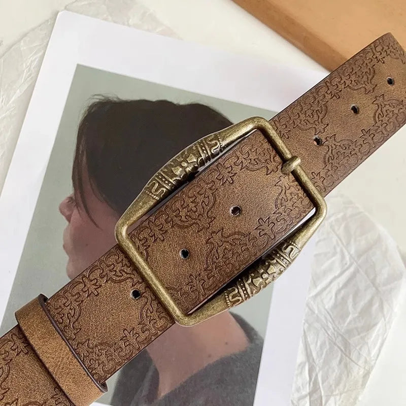 1pc Brown Floral Embossed Belt, Vintage American Style, Casual Ethnic Artisan Leather Belts
