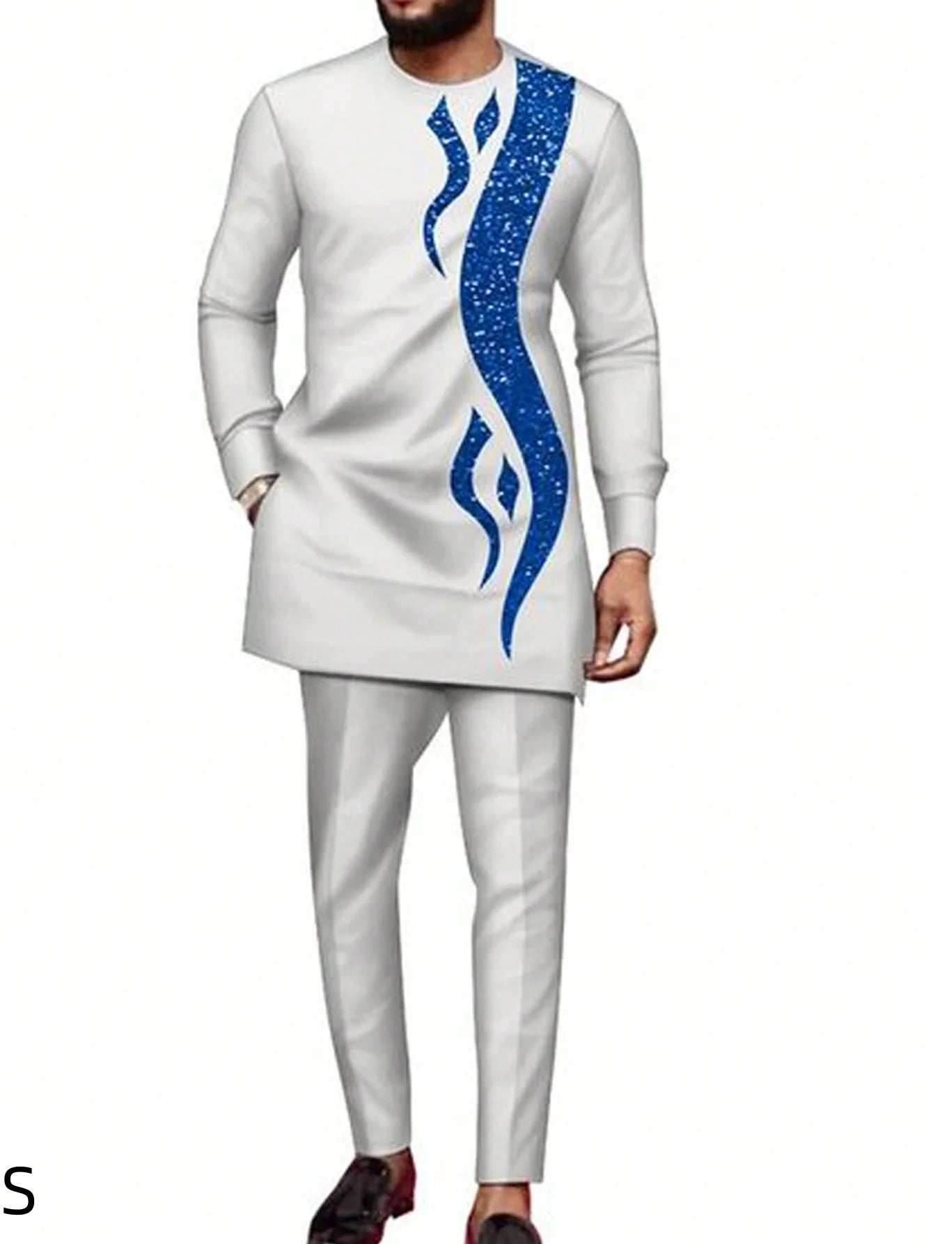 Men's  Wedding 2-Piece Suit Waist Pants Shirt Solid Color Panel Long Sleeve Party African Ethnic Style Clothing