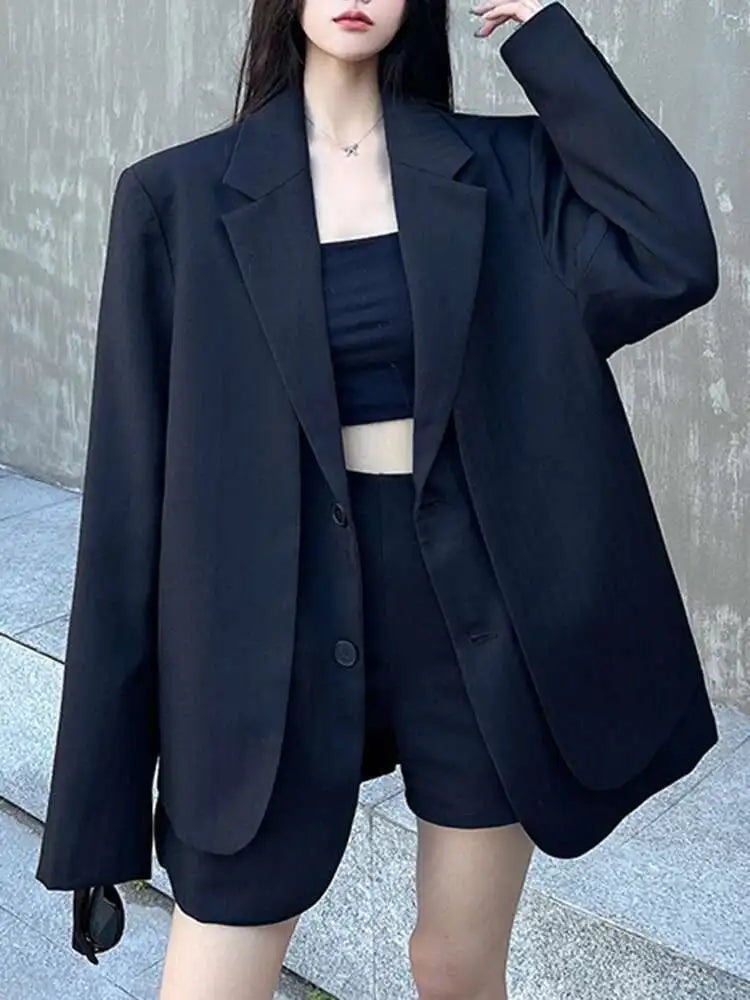 Women Gray Fake Two Pieces Big Size Blazer Lapel Long Sleeve Shoulder Pad Jacket Fashion