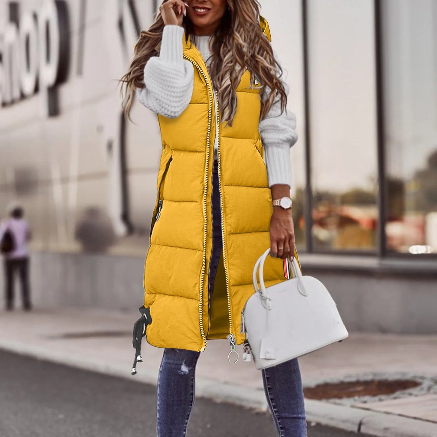 Winter Fashion Women Hood Thick Cotton Parkas Mid-length Long Down Jacket Vest Loose Outerwear