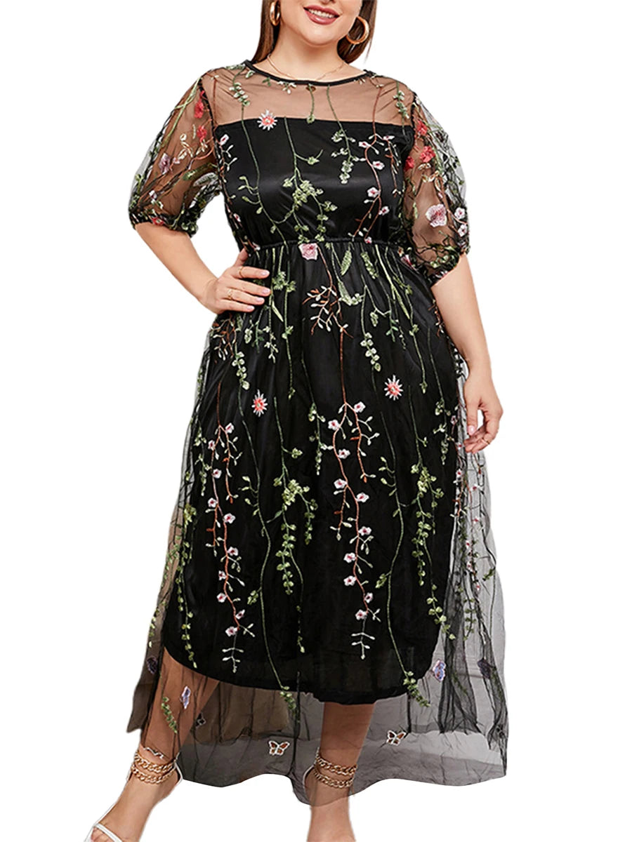 Women s Lace Maxi Dress Floral Embroidered Short Sleeve O Neck Plus Size Evening Party Elegant Gown