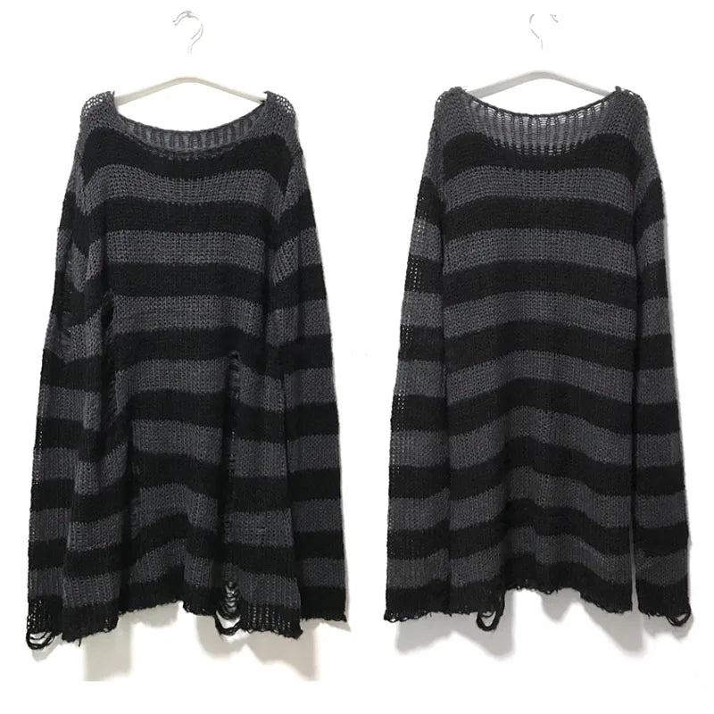 Punk Gothic Long Unisex Sweater Summer Women Striped Cool Hollow Out Hole Broken Jumper Loose Rock Thin Dark Streetwear Top