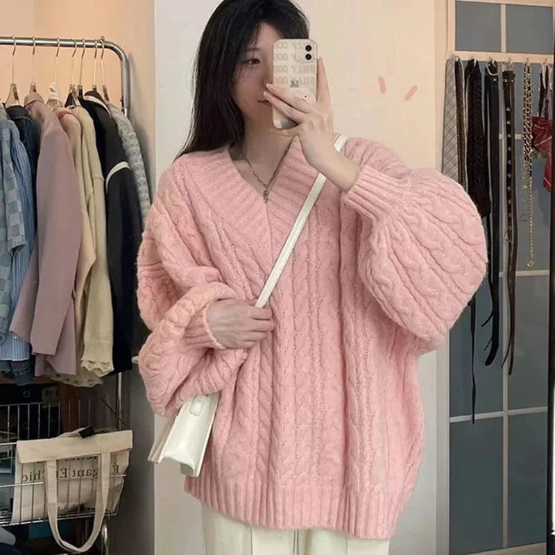 Women's Sweater Oversized Knitted Pullovers Long Sleeve V Neck Knitwear Preppy Solid Loose Jumper