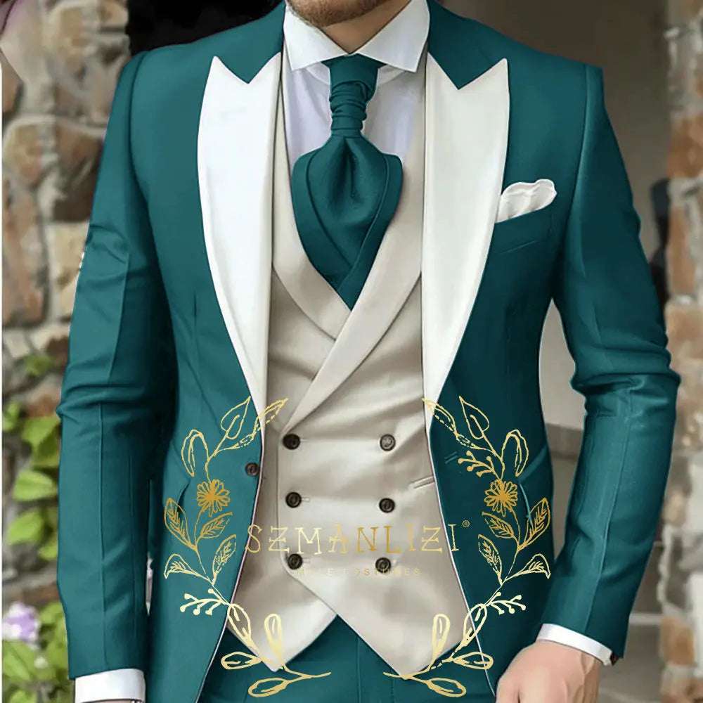Classic Men's Suit 3 Piece Tuxedo Peaked Lapel Groomsmen Wedding Suits Set Fashion Men Business Blazer Pants Vest