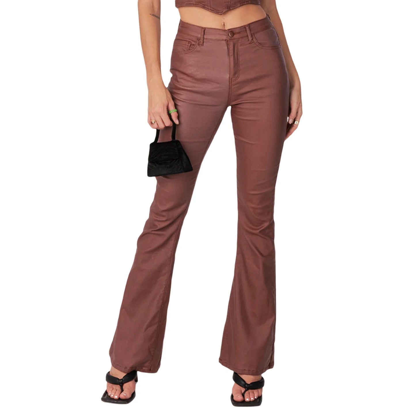 PU Solid Trousers Retro Sexy Low-waist Casual Faux Leather Flared Long Pants Bell Bottom Trousers