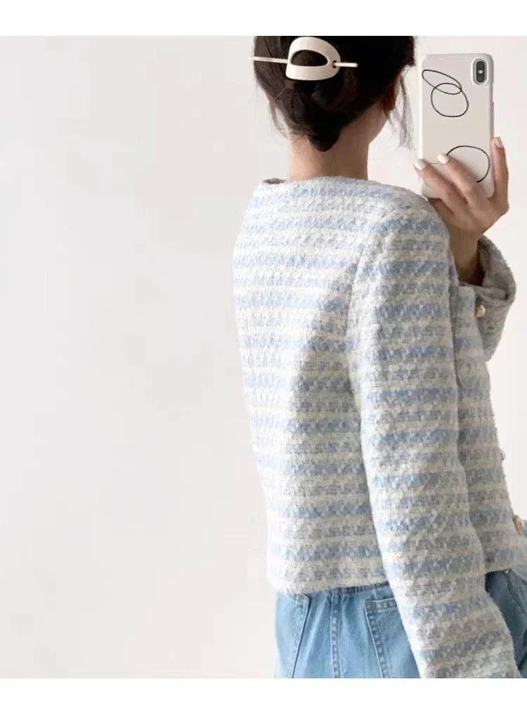 Women's Elegant Tweed Cardigan Short Coat With Pocket Single Breasted Jacket For Women Loose Outerwear