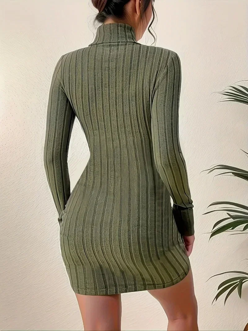 Turtleneck Ribbed Solid Dress  Casual Long Sleeve Bodycon Mini Dress