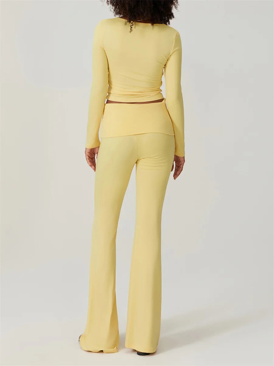 Elegant Women's Solid Color Two-Piece Set with Square Neck Long Sleeve Top and  Fit Long Pants for Stylish Loungewear