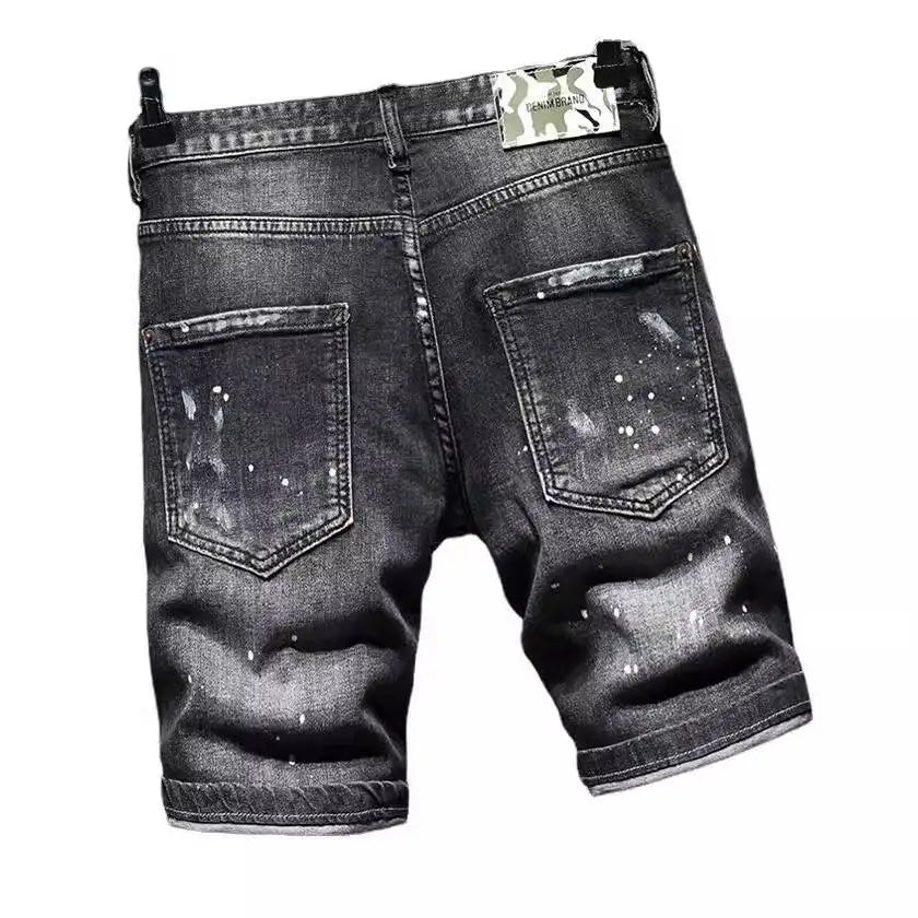 European and American cropped pants, denim shorts, cotton stretch, black gray, perforated high-end shorts