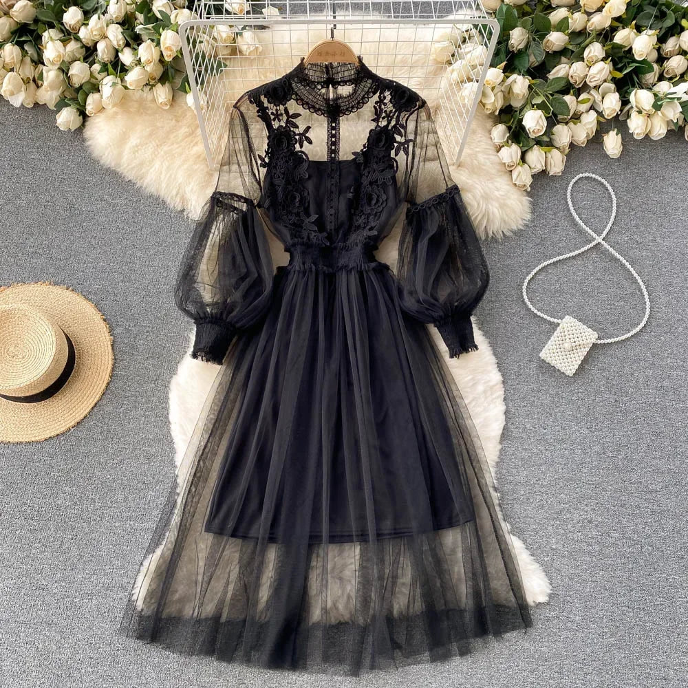 Ladies Dress Three-dimensional Flower Hook Mesh Stand Collar Lantern Sleeve High Waist Female Dresses