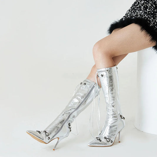 Stiletto High Heeled Knee High Boots Pointed Toe Back Zipper Tassel