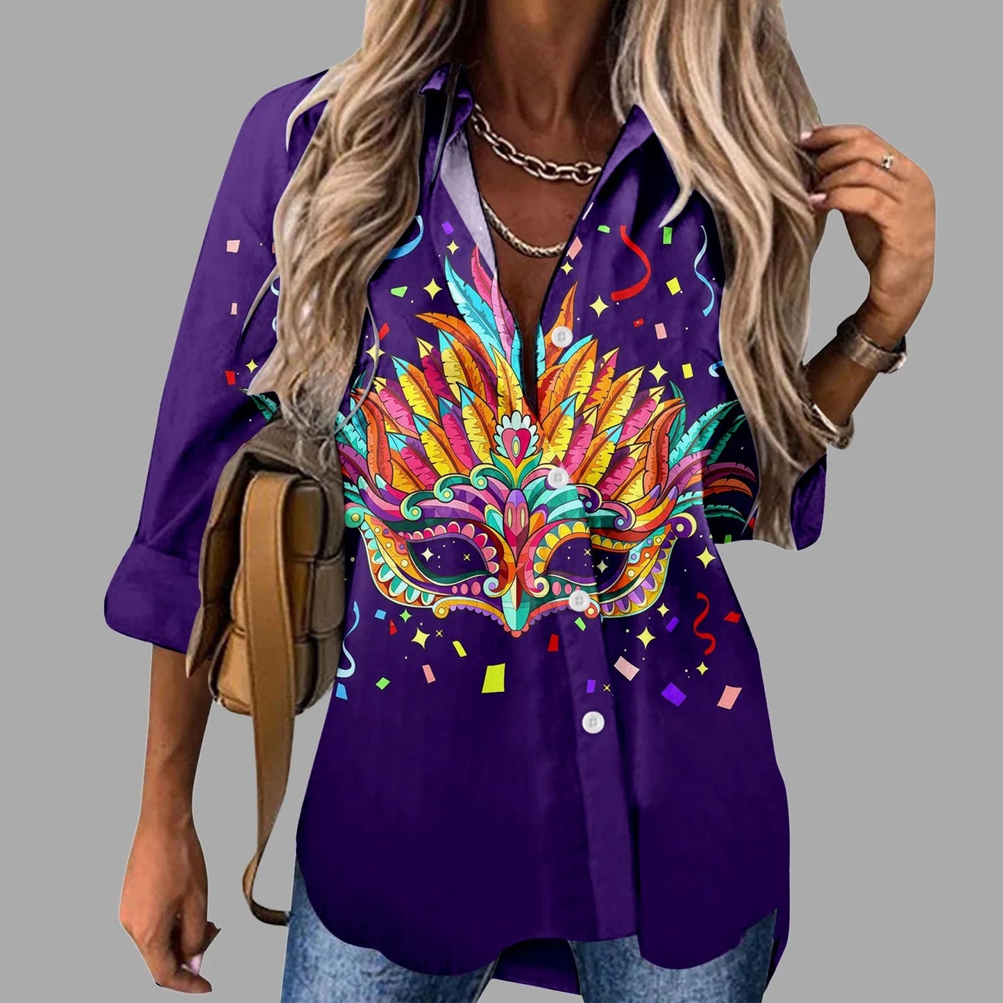 Mardi Gras Women V Neck Shirts Button Long Sleeve Carnival Print Tops Female Blouses Loose