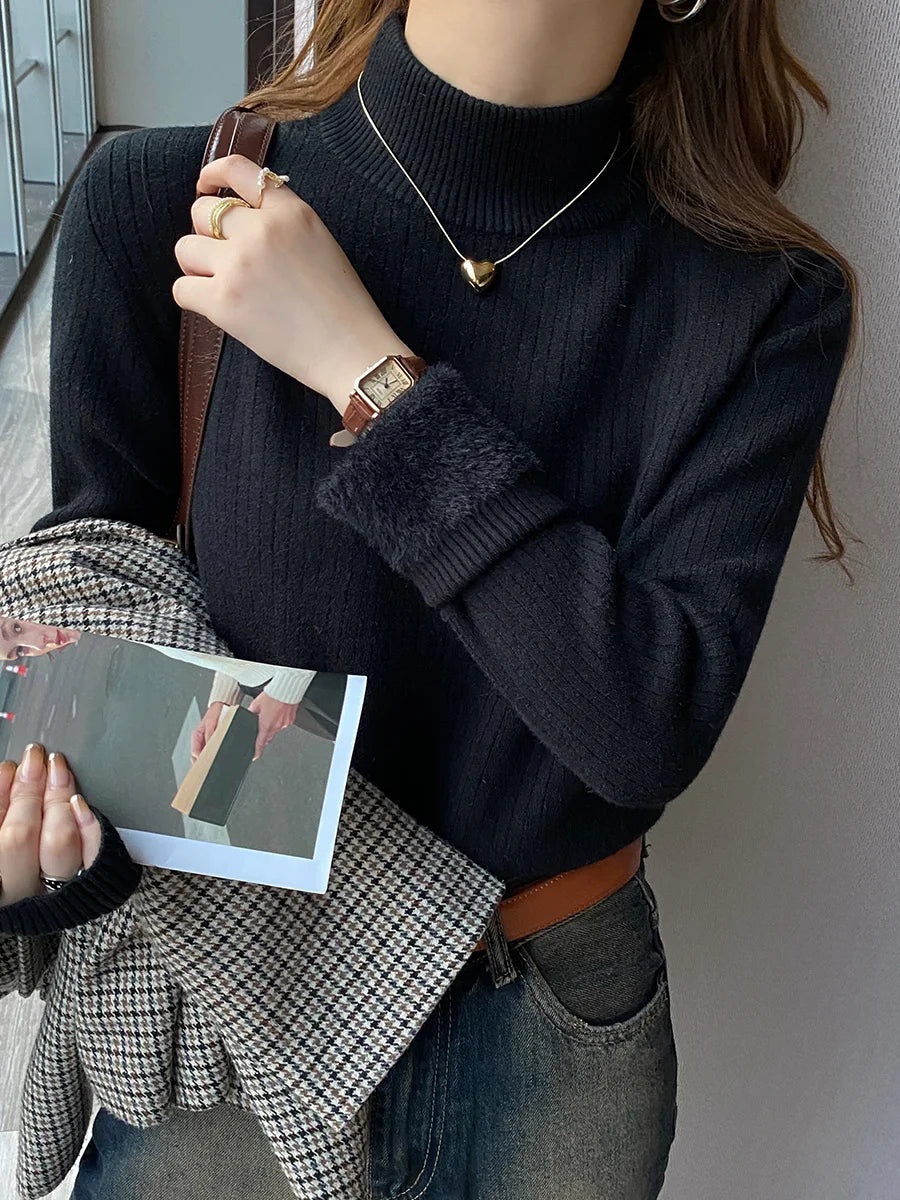 Women's Turtleneck Sweater Winter Retro Velvet Lining Thickened Inner Wear Thermal Knitting Bottoming Shirt