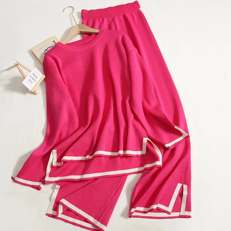 Elegant O-neck Side Slit Pullover Long Sleeve Sweater + Wide Leg Pants 2 Piece Sets Women's  Solid Color Casual Pantsuit