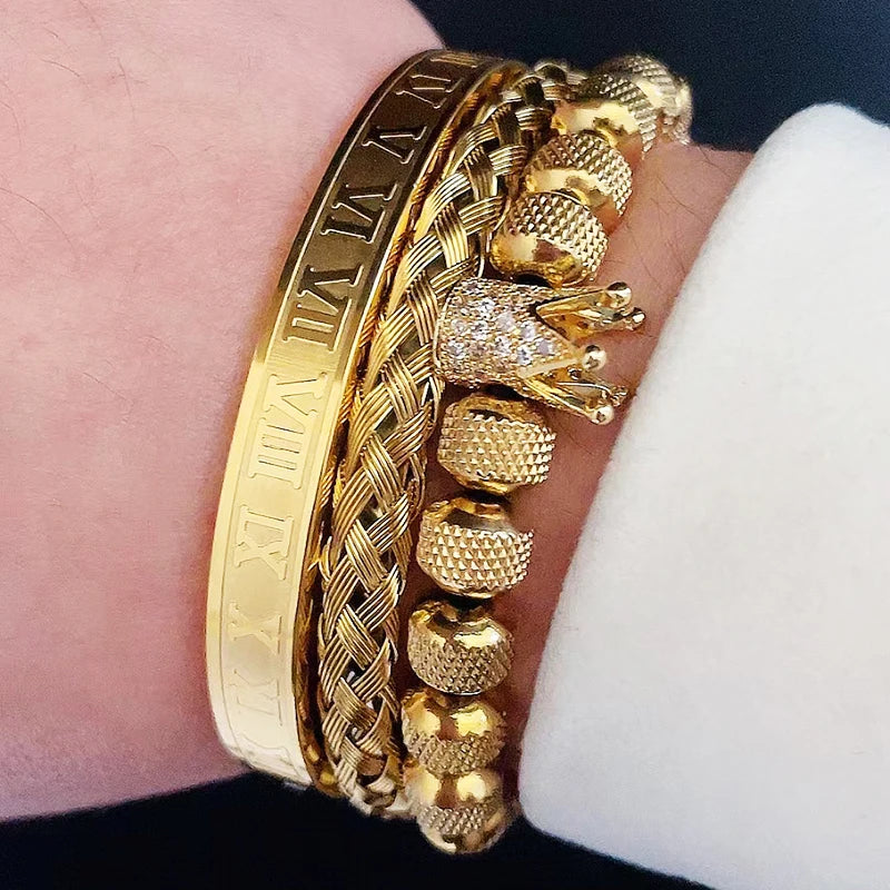 Luxury Set Crown Charms Man Bracelet Roman Stainless Steel Women Bangles Hand Jewelry
