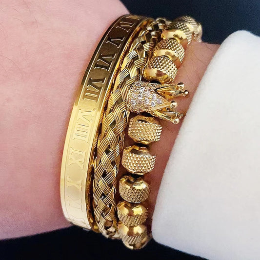 Luxury Set Crown Charms Man Bracelet Roman Stainless Steel Women Bangles Hand Jewelry