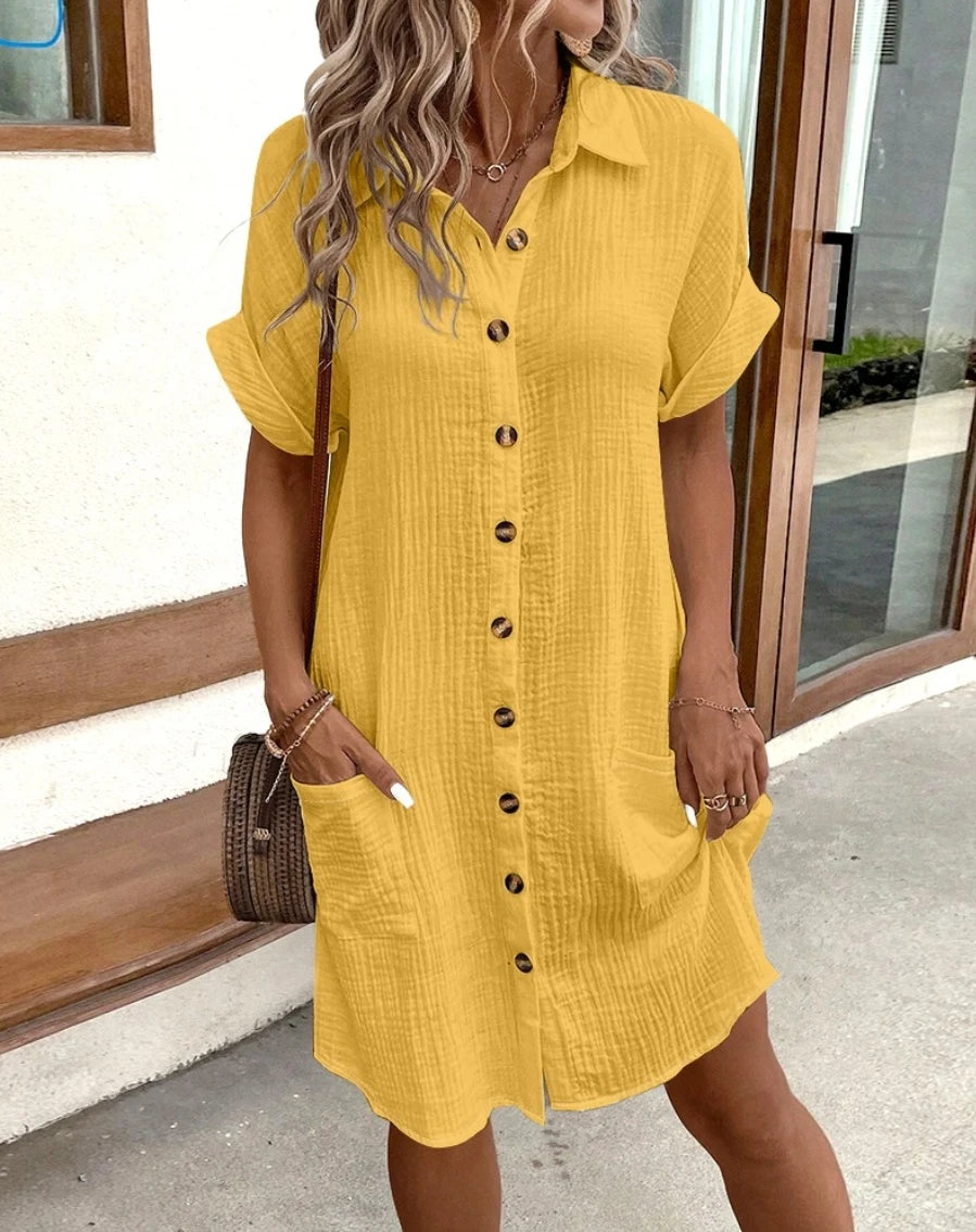 Vintage Women Solid Mini Dress Summer Fashion V-neck Short Sleeve Cotton Linen Dress Ladies Casual