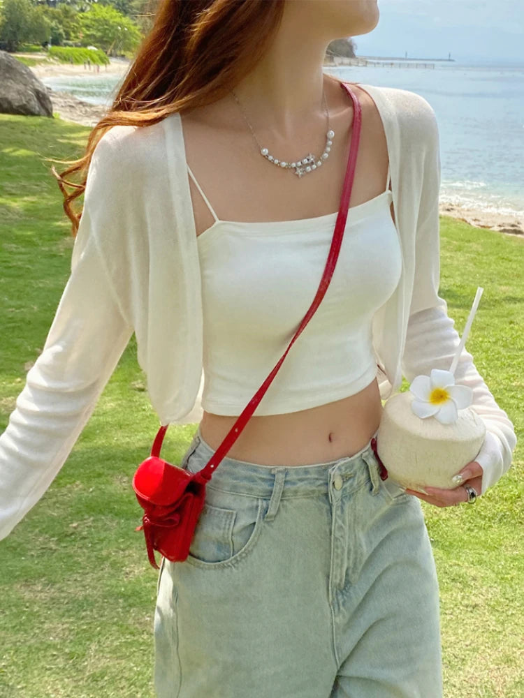 Summer Shrug Cardigan Women Sexy Long Sleeve Sheer Thin Crop Tops Woman Chic