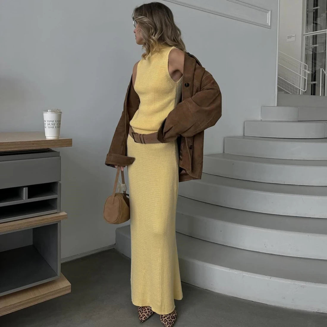 Elegant Long Skirt Two-piece Set Women's Sleeveless Knitted Turtleneck Vest and Skirt Set